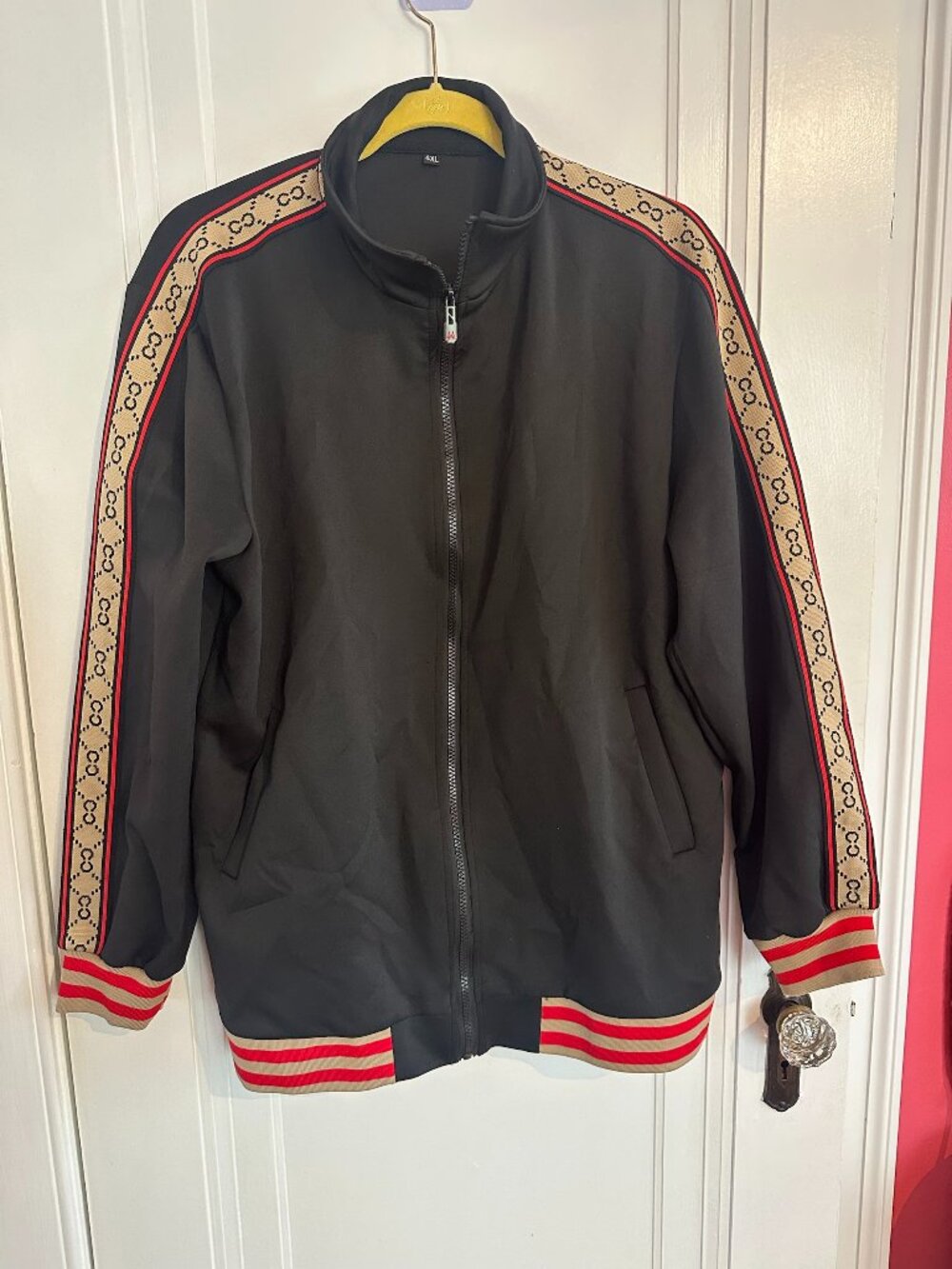 Black Zip Track Jacket Beige Red Monogram Tape 4XL